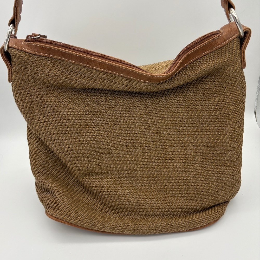 Liz Claiborne Brown Woven Material Shoulder Bag with Faux Leather Trim